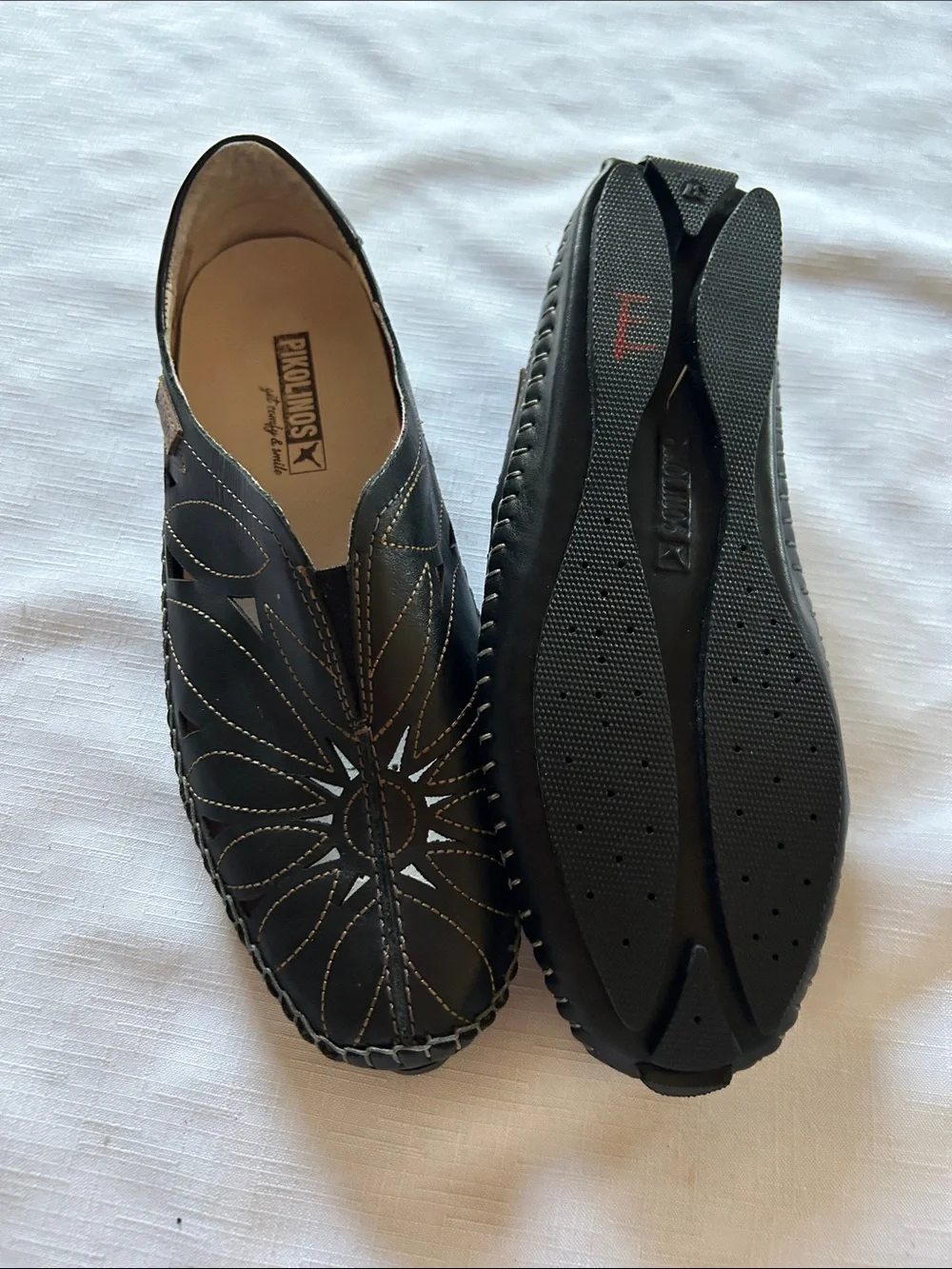 PIKOLINOS Black Leather Slip-On Loafers with Sunburst Stitching